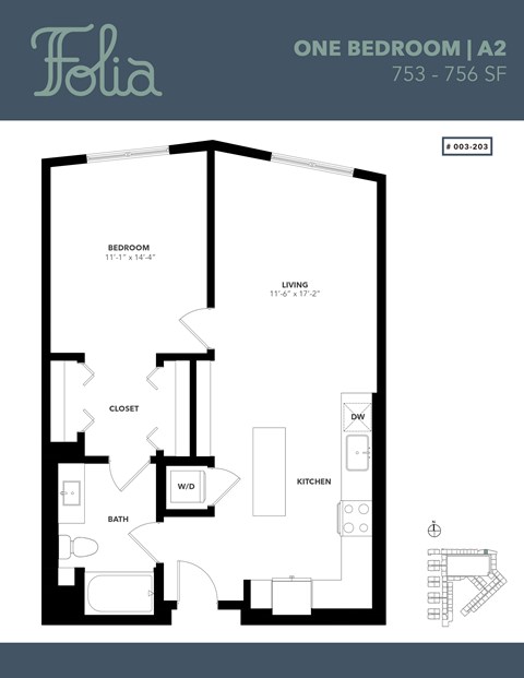 Floor plan for 1 bed, 1 bath, 771 sqft